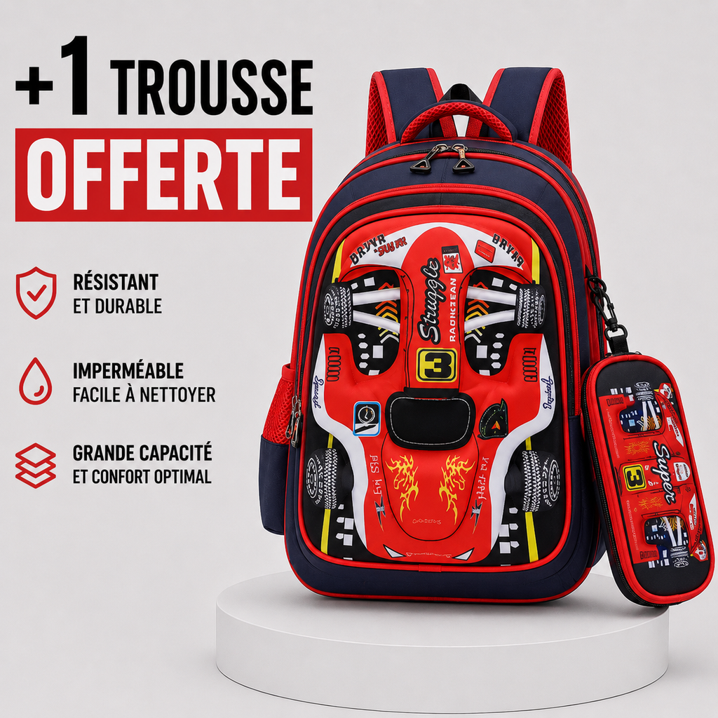 Cartable motif voiture garçon primaire CP-CM2 - vue de face