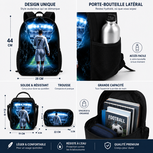 Cartable Ronaldo Football Garçon Primaire - Pack Rentrée avec Trousse