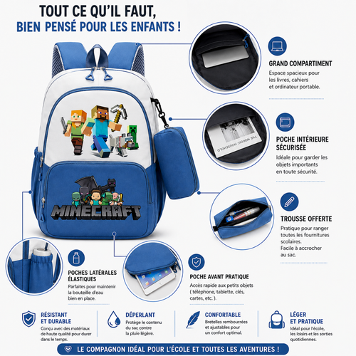 Cartable Minecraft Garçon Primaire - Pack Rentrée avec Trousse
