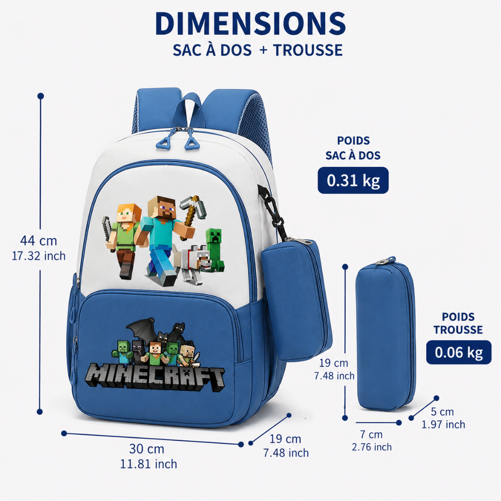 Cartable Minecraft Garçon Primaire - Pack Rentrée avec Trousse