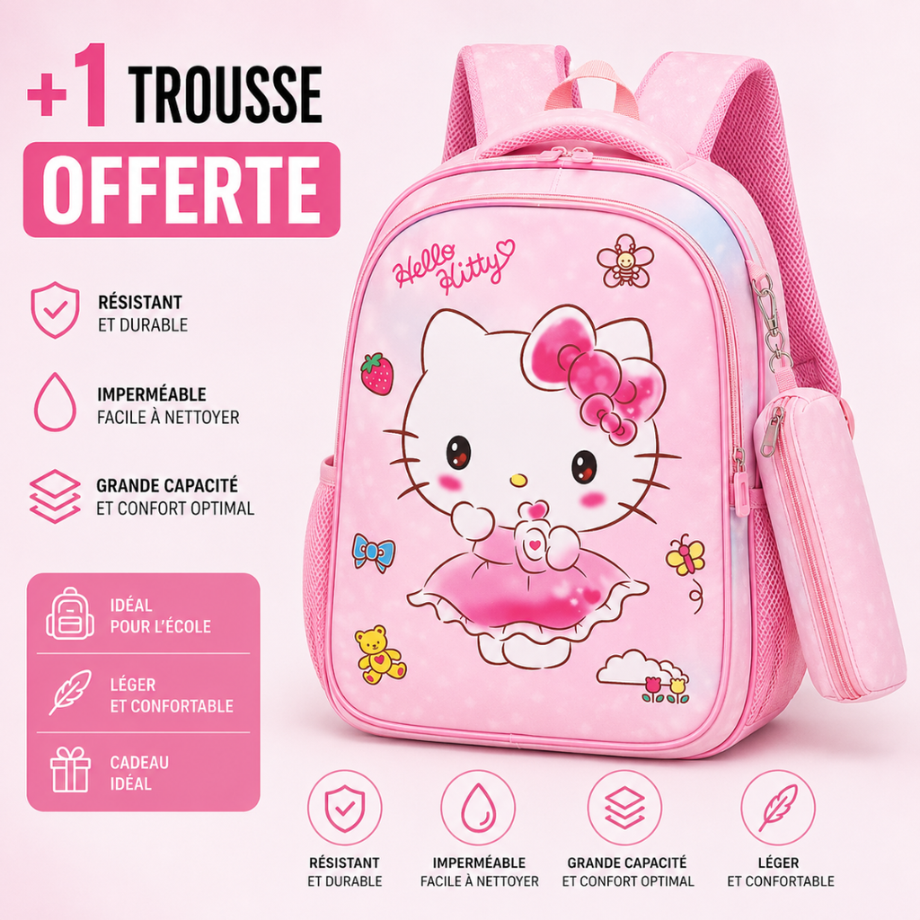 Cartable Hello Kitty Fille Primaire - Pack Rentrée avec Trousse