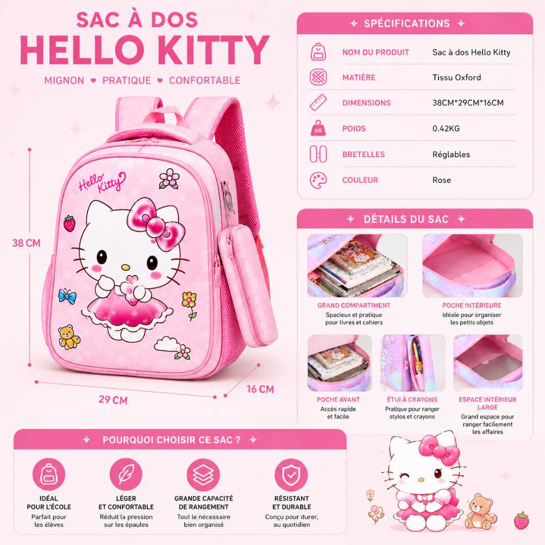 Cartable Hello Kitty Fille Primaire - Pack Rentrée avec Trousse