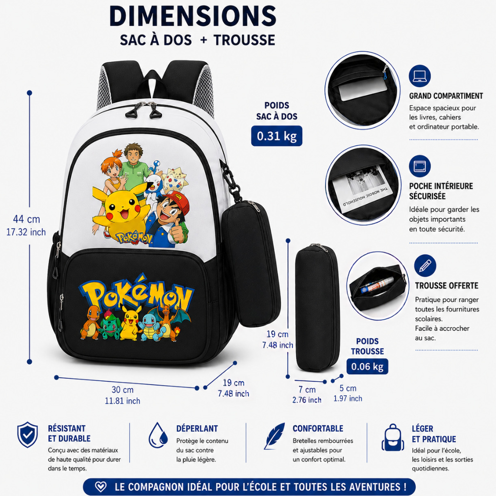 Cartable Pokémon Garçon Primaire - Pack Rentrée avec Trousse