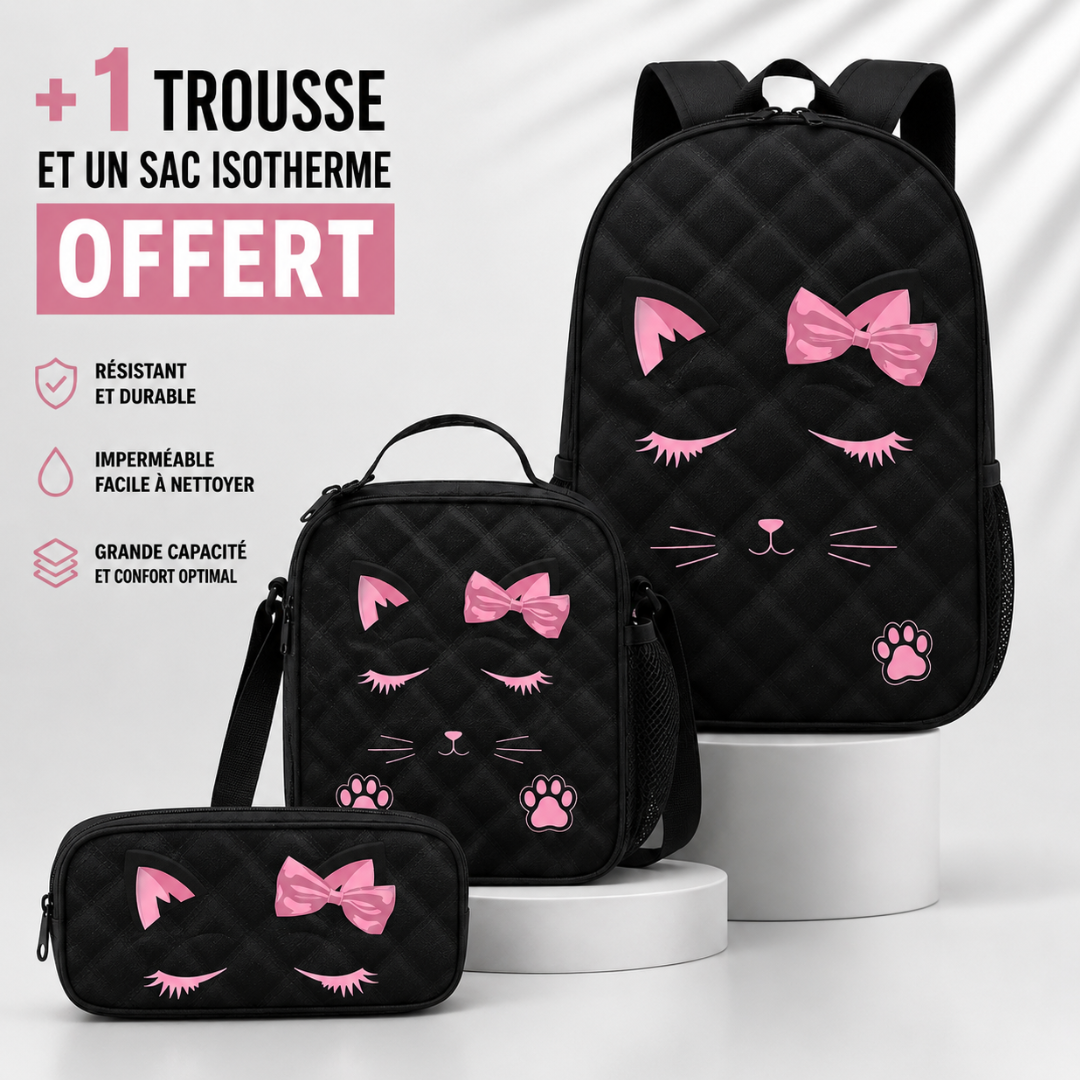 Cartable Chat Fille Primaire - Pack Rentrée avec Trousse