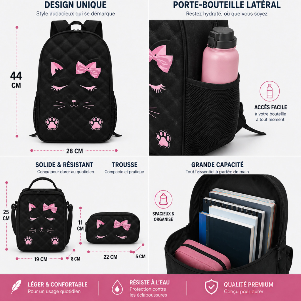 Cartable Chat Fille Primaire - Pack Rentrée avec Trousse